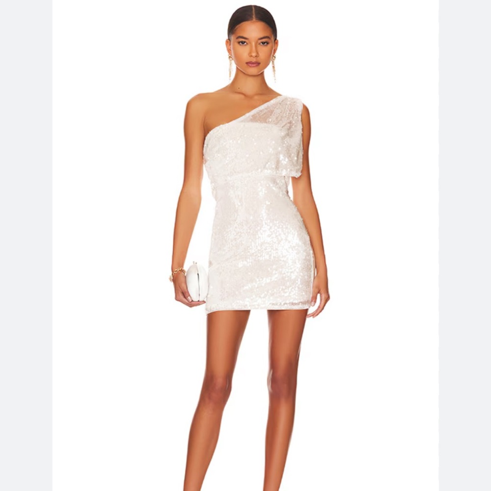 superdown White Sequin One-Shoulder Mini Dress with Draped Overlay